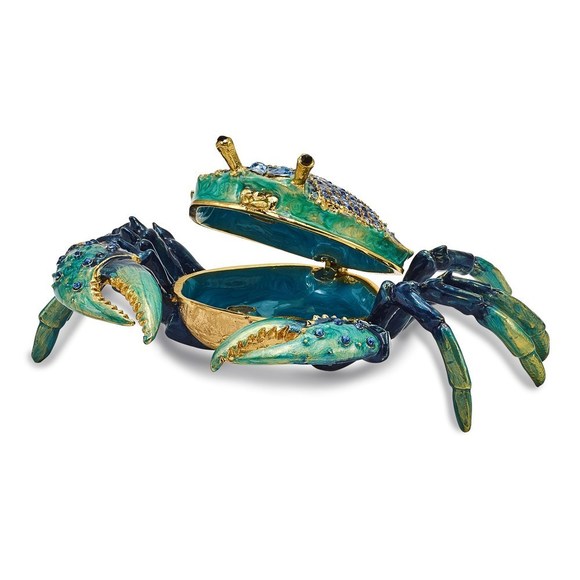 Pewter Bejeweled Crystals Enameled CHESAPEAKE Blue Crab Trinket Box w Pendant - Picture 2 of 6